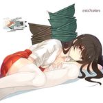  akagi_(kantai_collection) brown_eyes brown_hair chikuma_(kantai_collection) chikuwa eyes_visible_through_hair food food_on_face japanese_clothes kantai_collection long_hair looking_at_viewer lying multiple_girls on_back on_side red_skirt rice rice_on_face side_slit skirt smile sts thighhighs white_legwear zettai_ryouiki 