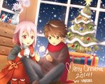  1girl blush brown_eyes brown_hair christmas_ornaments christmas_tree cup flower food gloves guilty_crown hair_ornament hairclip hot_chocolate long_hair open_mouth ouma_shuu pink_hair popseacle red_eyes rose scarf short_hair smile twintails younger yuzuriha_inori 