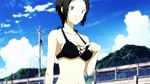  1boy 1girl animated animated_gif bikini black_hair cloud green_eyes marie_(persona_4) persona persona_4 persona_4_the_golden sky subtitled swimsuit 