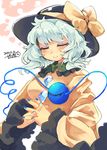  blue_nails bow closed_eyes eyebrows eyebrows_visible_through_hair hands_clasped hat hat_bow iroyopon komeiji_koishi nail_polish own_hands_together solo third_eye touhou white_hair 