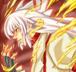  collar fire fujiwara_no_mokou gloves nature overalls ribbon solo touhou versapro white_hair 