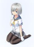  black_legwear blue_background blue_eyes breasts collarbone full_body gloves hair_ornament hairclip hamakaze_(kantai_collection) kantai_collection large_breasts looking_at_viewer microskirt neckerchief pantyhose pleated_skirt school_uniform serafuku short_hair short_sleeves silver_hair simple_background sitting skirt solo wariza white_background white_gloves yellow_neckwear yukikan 