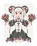  1girl bangs belt_buckle black_dress buckle claws dress fang gloves hair_ornament headgear heart highres iralion medium_hair open_mouth original paw_pose red_eyes simple_background solo standing tied_hair tongue white_background white_hair 