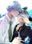  arima_kishou black_hair blood blood_on_face closed_eyes glasses gradient_hair grey_eyes holding_hands kaneki_ken multicolored_hair multiple_boys necktie sasaki_haise short_hair tokyo_ghoul tokyo_ghoul:re white_hair 