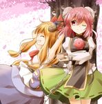  arms_behind_head bow bun_cover chain cherry_blossoms chinese_clothes closed_eyes cuffs cup double_bun flower gourd grin hair_bow highres horn_ribbon horns ibaraki_kasen ibuki_suika indo_(mdtanaka2007) long_hair multiple_girls one_eye_closed orange_hair petals pink_hair red_eyes ribbon rose short_hair skirt smile tabard touhou 