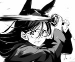  animal_ears clenched_teeth fox_ears glasses greyscale holding holding_sword holding_weapon katana long_hair monochrome round_eyewear simple_background solo strike_witches suwa_amaki sword teeth uno_ichi weapon white_background world_witches_series 