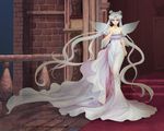  absurdly_long_hair absurdres aliza_(artist) bangs bare_shoulders bishoujo_senshi_sailor_moon blue_eyes dress facial_mark forehead_mark full_body highres lipstick long_dress long_hair looking_at_viewer makeup parted_bangs princess_serenity red_carpet red_lipstick silver_hair solo tsukino_usagi twintails very_long_hair white_dress 