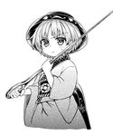  blush bowl bowl_hat greyscale hat highres holding_needle itou_yuuji japanese_clothes kimono looking_at_viewer monochrome needle obi sash short_hair simple_background solo sukuna_shinmyoumaru touhou white_background 