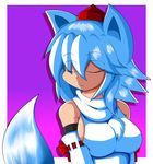  :&lt; absurdres animal_ears bad_id bad_pixiv_id bare_shoulders breasts closed_eyes detached_sleeves gradient gradient_background hat highres inubashiri_momiji kurus37 large_breasts pom_pom_(clothes) ribbon-trimmed_sleeves ribbon_trim short_hair sideboob silver_hair solo tail tokin_hat touhou wolf_ears wolf_tail 