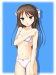  :o blue_background bra brown_eyes brown_hair highres idolmaster idolmaster_cinderella_girls long_hair navel open_mouth panties solo tachibana_arisu tarokennsann underwear underwear_only v-shaped_eyebrows 