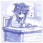  beamed_eighth_notes blue blush desk eighth_note eraser folded_ponytail graphite_(medium) humming inazuma_(kantai_collection) kantai_collection mixed_media monochrome musical_note paper sakino_shingetsu school_uniform serafuku short_hair sketch smile solo traditional_media writing 