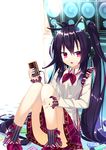  axent_wear black_hair cassette_player cassette_tape cat_ear_headphones headphones long_hair looking_at_viewer nyori open_mouth original purple_eyes sitting solo twintails 
