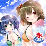  ;d aqua_eyes bangs bikini bikini_top black_hair breasts brown_eyes brown_hair cleavage frilled_bikini frills gift green_bikini hair_bobbles hair_ornament hiryuu_(kantai_collection) kantai_collection large_breasts looking_at_viewer multiple_girls nogi_takayoshi one_eye_closed open_mouth orange_bikini outdoors parted_lips shaved_ice short_hair side_ponytail smile souryuu_(kantai_collection) swimsuit twintails 