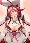  blush bow breasts cleavage closed_eyes dd_mayohara elphelt_valentine guilty_gear guilty_gear_xrd hat large_breasts open_mouth pink_hair short_hair solo 
