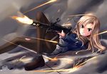  assault_rifle blazer blonde_hair blood brown_eyes casing_ejection cuts dreadtie gun highres howa_type_89 injury jacket long_hair original pantyhose rifle scarf school_uniform shell_casing skirt solo torn_clothes torn_legwear uniform weapon 