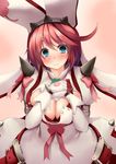  blue_eyes blush bow breasts cleavage dd_mayohara elphelt_valentine gloves guilty_gear guilty_gear_xrd hat large_breasts looking_at_viewer pink_hair short_hair smile solo 