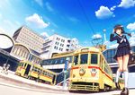  black_hair braid commentary ground_vehicle highres long_hair original overhead_line pantograph school_uniform serafuku shibuya_(tokyo) shibuya_station tokyo_(city) train train_station tsukuyomi_touka white_legwear 