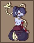  1girl ass blue_hair blue_skin cerealharem detached_sleeves hair_over_one_eye huge_ass leviathan_(skullgirls) looking_back panties red_eyes see-through side_ponytail sitting skullgirls smile squigly_(skullgirls) stitched_mouth striped striped_panties underwear zombie 