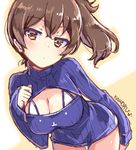  alternate_costume artist_name bikini_top breasts brown_eyes brown_hair cleavage_cutout cowboy_shot kaga_(kantai_collection) kantai_collection kaworu_(1030) large_breasts leaning_forward long_sleeves looking_at_viewer meme_attire open-chest_sweater ribbed_sweater side_ponytail signature sketch solo sweater turtleneck 