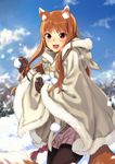  animal_ears blush brown_hair cloak day eyebrows_visible_through_hair fangs highres holo hood hooded_cloak kawakami_rokkaku long_hair looking_at_viewer md5_mismatch mittens open_mouth outdoors red_eyes revision smile snow snowball solo spice_and_wolf tail wolf_ears wolf_tail 