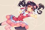  bad_id bad_pixiv_id black_hair bow dress gloves hair_bow long_hair looking_at_viewer love_live! love_live!_school_idol_project microphone red_dress red_eyes ribbon rinndouk skirt smile solo striped striped_legwear thighhighs twintails vertical-striped_legwear vertical_stripes yazawa_nico zettai_ryouiki 