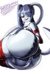  1girl ass blue_hair blue_skin detached_sleeves hair_over_one_eye huge_ass joe_shimamura leviathan_(skullgirls) red_eyes shoooohhhh side_ponytail simple_background skullgirls smile squigly_(skullgirls) stitched_mouth zombie 