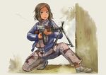  brown_eyes brown_hair camouflage commentary erica_(naze1940) firing gun holding holding_gun holding_weapon jacket light_machine_gun long_hair long_sleeves military military_uniform open_mouth original pants rpk scarf shoes sneakers solo sweat tan uniform weapon 