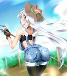  1girl ass back bare_shoulders blush breasts farmer from_behind gloves hat long_hair looking_back open_mouth original overalls parted_lips pitchfork purple_eyes shiny shiny_skin silver_hair solo thighhighs tubetop very_long_hair 