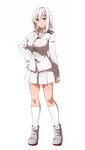  blue_eyes boots breasts female_admiral_(kantai_collection) hair_ornament hairclip hand_on_hip highres kantai_collection kneehighs large_breasts military military_uniform naval_uniform shindou_akane shinsono_shiroko skirt smile solo uniform white_hair white_legwear 