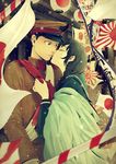  1girl black_hair braid couple flag hat hetero imminent_kiss imperial_japanese_army japanese_flag long_hair midoro military military_hat military_uniform original peaked_cap rising_sun school_uniform serafuku short_hair sunburst uniform 