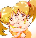 breast_press breasts cleavage cure_gonna cure_pantaloni earrings happinesscharge_precure! hug jewelry large_breasts lingerie multiple_girls orange_eyes orange_hair precure ryuuta_(cure_ryuuta) short_hair siblings side_ponytail sisters smile twins underwear white_background 