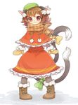 :3 animal_ears black_legwear blush boots bow brown_footwear brown_hair capelet cat_ears cat_tail chen cross-laced_footwear full_body fur_boots hat ibaraki_natou jewelry lace-up_boots looking_at_viewer mittens multiple_tails nekomata pantyhose scarf short_hair simple_background smile snow_boots solo tail tail_bow touhou two_tails white_background 