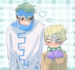  black_hair blonde_hair blush checkered checkered_scarf closed_eyes coat downscaled earrings gloves headband heart hirose_kouichi image_sample jewelry jojo_no_kimyou_na_bouken kishibe_rohan md5_mismatch multiple_boys open_mouth resized scarf scarf_over_mouth short_hair twitter_sample winter_clothes 