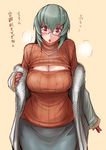  :o bespectacled blush bra breasts cleavage cleavage_cutout coat curvy fur_trim glasses gloves large_breasts long_hair meme_attire older open-chest_sweater red_hair rozen_maiden silver_hair skirt solo suigintou sweater translation_request tsuda_nanafushi underwear 