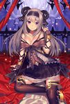  arm_support blush bracer breasts cleavage hairband horns hullabaloo light_particles long_hair looking_at_viewer medium_breasts new_year original pleated_skirt purple_eyes silver_hair sitting skirt smile solo strap_pull thighhighs 