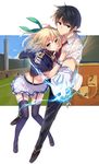  1girl :| alzano_school_uniform black_eyes black_hair black_legwear blonde_hair blue_eyes closed_mouth garter_straps glenn_radars gloves hug lightning long_hair looking_at_viewer midriff mishima_kurone navel official_art pleated_skirt rokudenashi_majutsu_koushi_to_akashic_record rumia_tingel school_uniform skirt thighhighs v-shaped_eyebrows white_gloves 