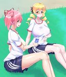  alternate_breast_size blonde_hair blush bottle breasts drill_hair hair_ornament hair_ribbon hairpin highres huge_breasts kaname_madoka mahou_shoujo_madoka_magica mizuumi_(bb) multiple_girls open_mouth pink_eyes pink_hair ribbon see-through short_hair short_twintails sportswear tomoe_mami twin_drills twintails water_bottle yellow_eyes 