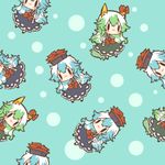  blue_background blue_hair blush chibi circle clone dual_persona ex-keine green_hair hat horn_ribbon horns kamishirasawa_keine long_hair lowres multicolored_hair rebecca_(keinelove) ribbon solid_oval_eyes tail tileable touhou two-tone_hair 