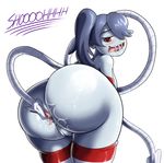  1girl anilingus anus ass blue_hair blue_skin blush hair_over_one_eye huge_ass joe_shimamura leviathan_(skullgirls) naughty_face pussy red_eyes shoooohhhh side_ponytail simple_background skullgirls squigly_(skullgirls) stitched_mouth tongue uncensored zombie 