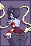  1girl ass blue_hair blue_skin cerealharem detached_sleeves hair_over_one_eye huge_ass leviathan_(skullgirls) looking_back panties red_eyes see-through side_ponytail skullgirls smile squigly_(skullgirls) stitched_mouth striped striped_panties underwear zombie 