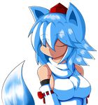  :&lt; absurdres animal_ears bare_shoulders breasts closed_eyes detached_sleeves hat highres inubashiri_momiji kurus37 large_breasts pom_pom_(clothes) ribbon-trimmed_sleeves ribbon_trim short_hair sideboob silver_hair solo tail tokin_hat touhou transparent_background wolf_ears wolf_tail 