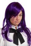  1girl asian bow brown_eyes burn_scar cosplay holydiver ikezawa_hanako katawa_shoujo photo purple_hair ribbon scar 