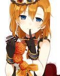  bad_id bad_pixiv_id bare_shoulders black_gloves blue_eyes cafe_maid chisumi earrings finger_to_mouth gloves highres jewelry kousaka_honoka looking_at_viewer love_live! love_live!_school_idol_project microphone one_side_up orange_hair simple_background sleeveless smile solo white_background 
