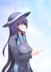  anetai_toyone black_hair black_hat black_jacket blazer blue_scarf blush collared_shirt drinking_(artist) hat highres jacket long_hair long_sleeves miyamori_school_uniform profile red_eyes ribbon saki scarf school_uniform shirt snowing standing white_shirt 