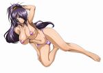  bikini blue_eyes blush breasts covered_nipples distance hair_ornament hair_ribbon hand_behind_head ikkitousen kan'u_unchou large_breasts long_hair looking_at_viewer navel one_eye_covered purple_hair ribbon simple_background smile solo string_bikini swimsuit white_background 