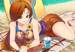  bare_shoulders beach bendy_straw breasts brown_eyes cleavage day drink drinking_straw eyes_visible_through_hair league_of_legends leona_(league_of_legends) lips long_hair looking_at_viewer lying medium_breasts on_side orange_hair outdoors pool_party_leona sarong solo swimsuit takejun water 