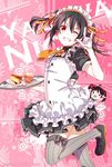  \m/ artist_name bad_id bad_pixiv_id black_hair character_name d_midiror dated food frills gloves grin looking_at_viewer love_live! love_live!_school_idol_project maid maid_headdress necktie one_eye_closed red_eyes smile solo striped striped_legwear thighhighs tray twintails waitress white_gloves yazawa_nico zettai_ryouiki 