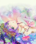  bare_legs between_fingers breasts cleavage flower green_eyes holding jewelry kanie_(distortion) lakshmi_(p&amp;d) lips long_hair lotus lying medium_breasts on_back purple_hair puzzle_&amp;_dragons shiny solo 
