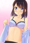  1girl apollo_(hu_maple) blue_eyes blush bra breasts brown_hair changing_clothes collarbone dress_shirt highres looking_at_viewer medium_breasts navel open_clothes open_mouth original shirt short_hair solo underwear 