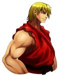  belt blonde_hair brown_eyes dougi eric_lowery eyebrows highres ken_masters male_focus muscle sleeveless solo street_fighter thick_eyebrows upper_body 